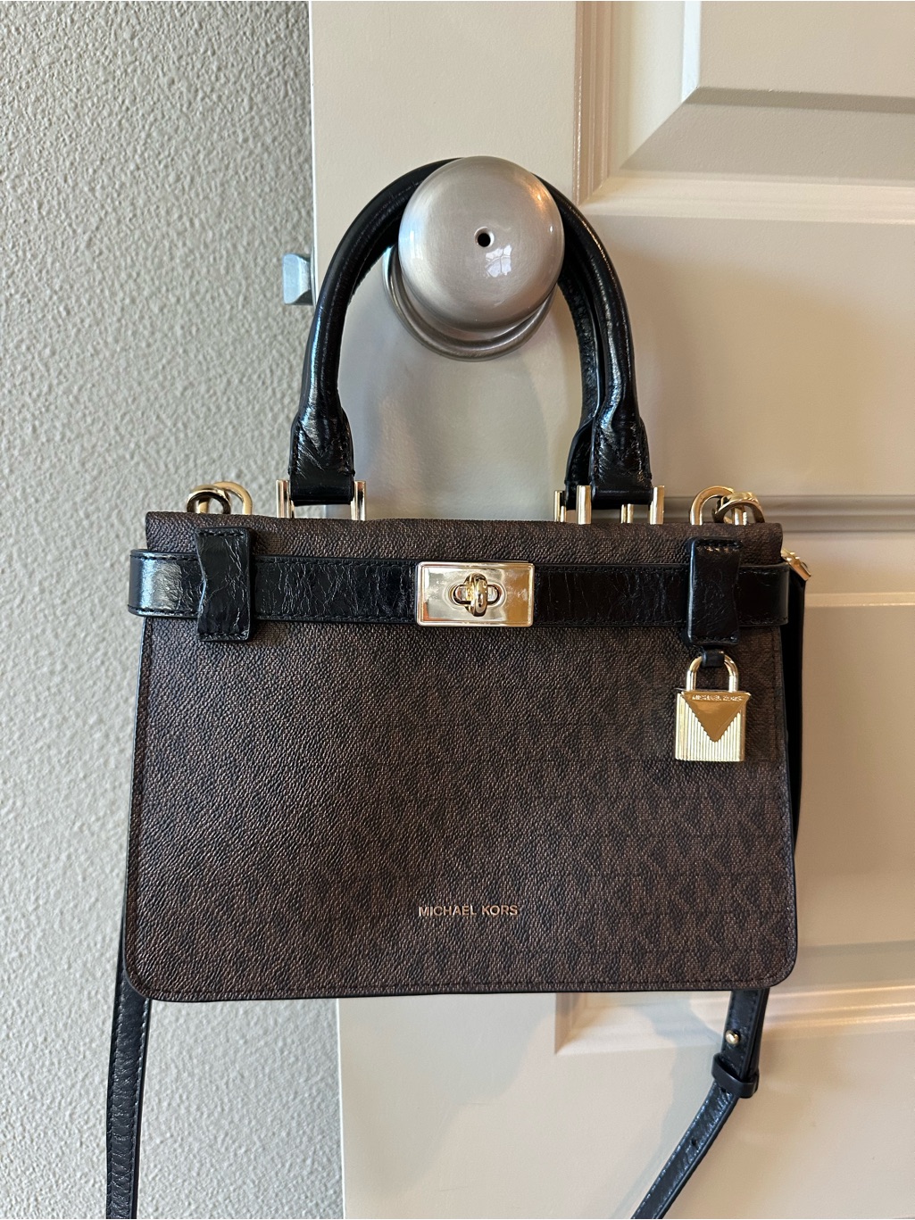 Michael Kors Tatiana Brown Monogram Mini Satchel W/ Black Patent Trim